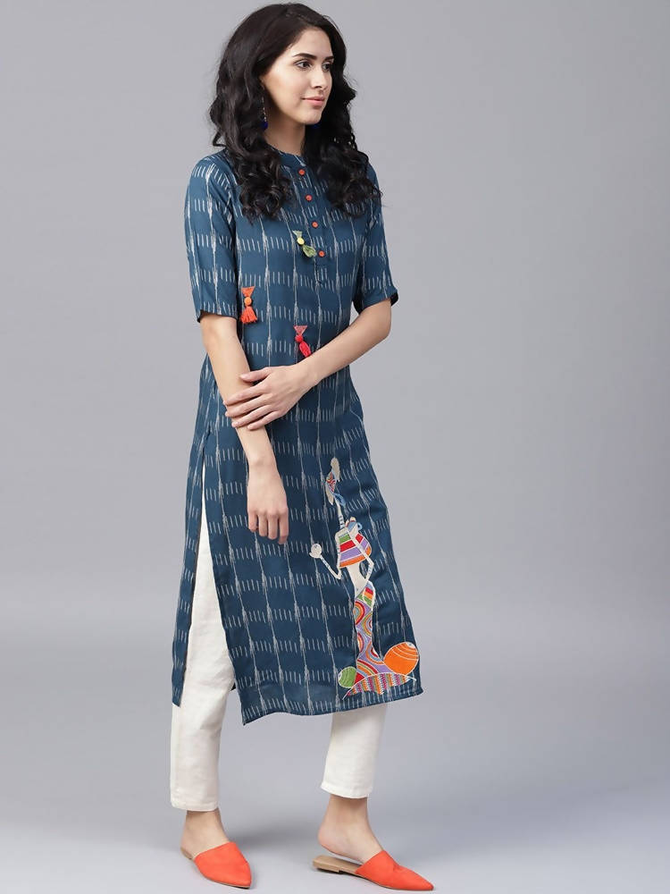 Yufta Women Navy Blue & Off-White Printed Straight Kurta | Grocsy