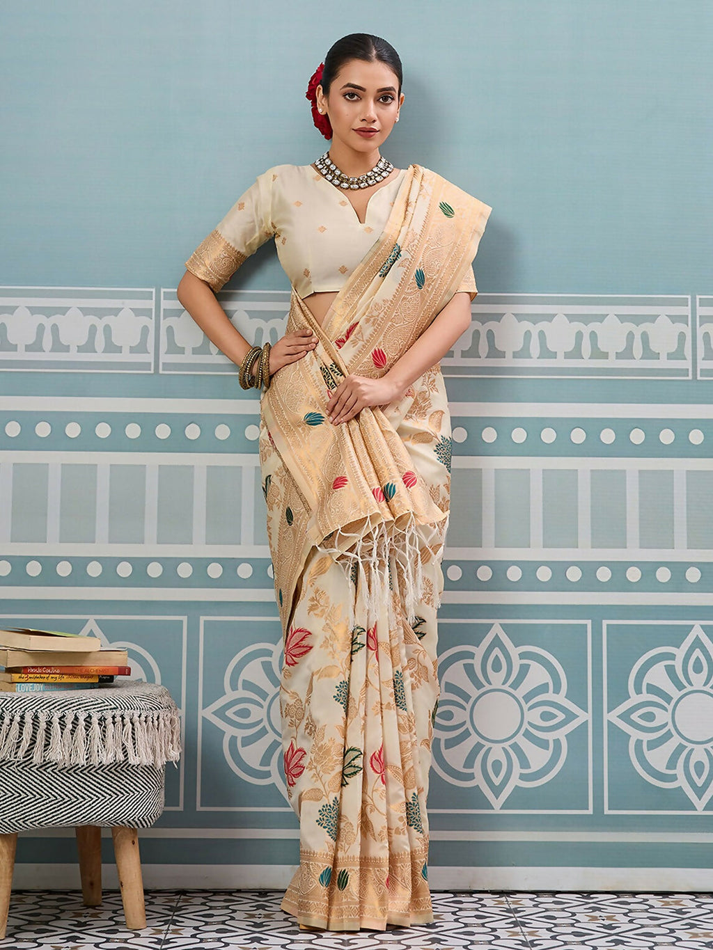 Shree Shyam Fashion Cream Silk Saree | Grocsy