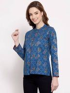 Myshka Women's Blue Cotton Full Sleeve Mandarin Collar Printed Casual Jacket | Grocsy
