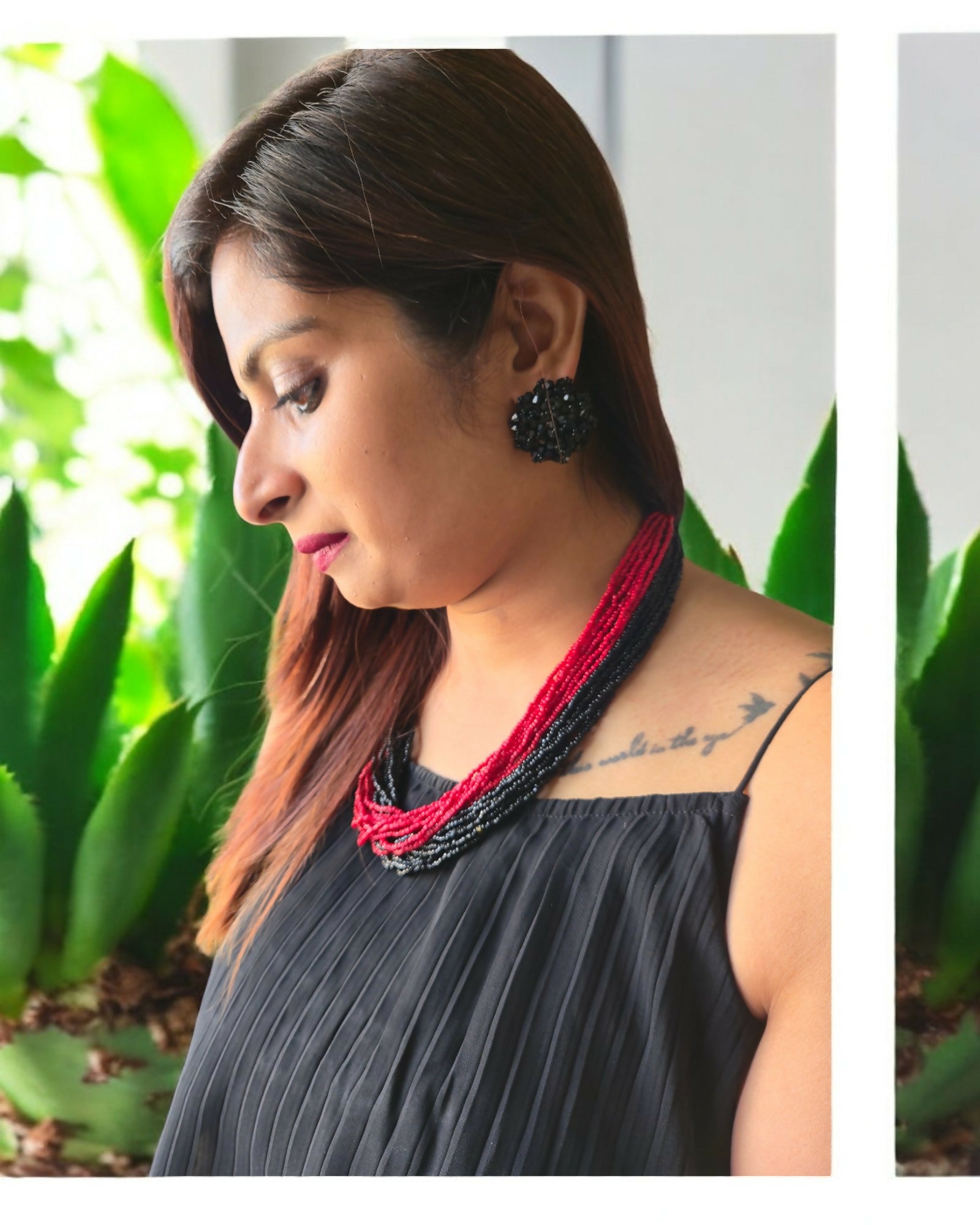 Inhanns Vibrant Handmade 20 Layers Beaded Necklace With Matching Earrings - Black & Red | Grocsy
