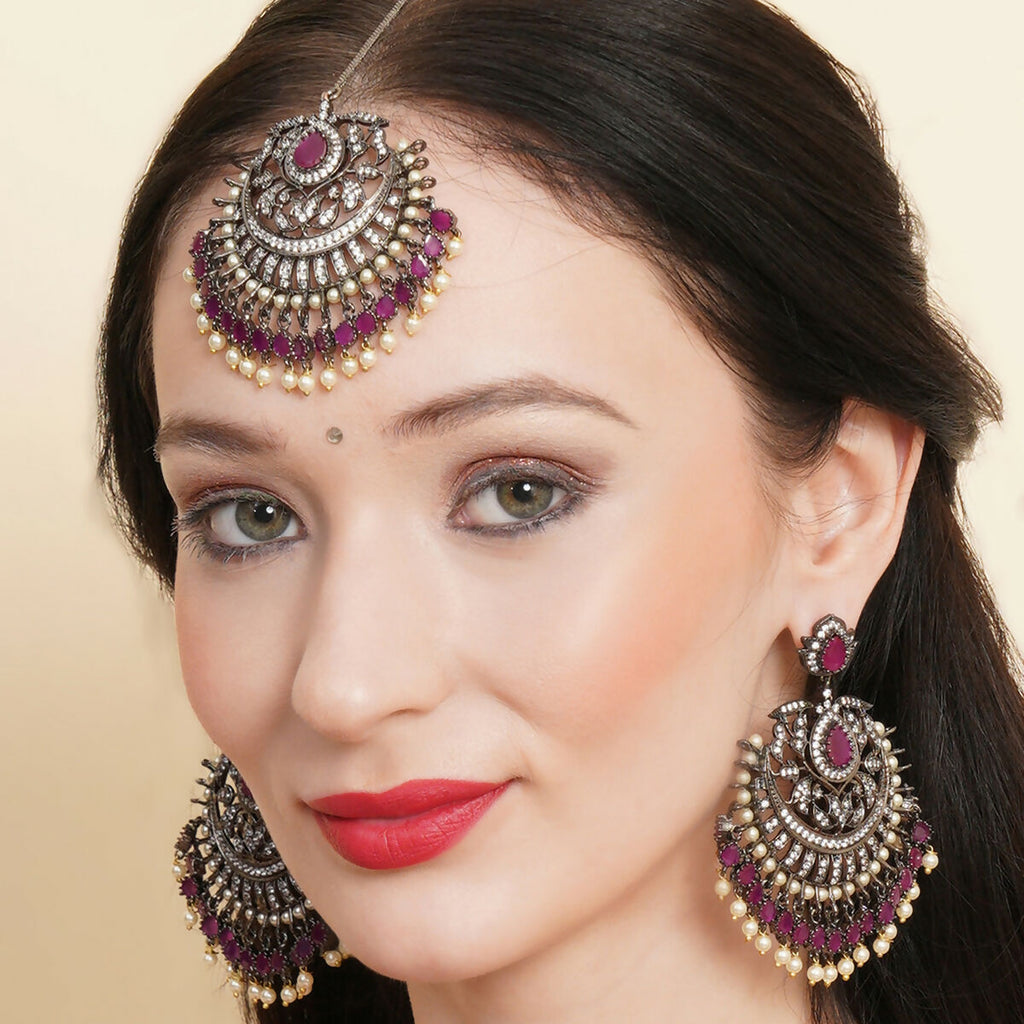 Diamond & Maroon Stone Earrings with Matching Maang Tikka- Ruby Raang | Grocsy