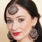 Diamond & Maroon Stone Earrings with Matching Maang Tikka- Ruby Raang | Grocsy