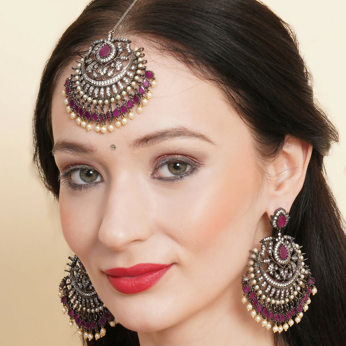 Diamond & Maroon Stone Earrings with Matching Maang Tikka- Ruby Raang | Grocsy
