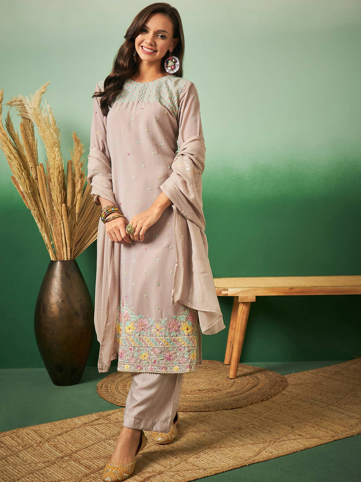 Light Brown Georgette Handwork Unstitched Dress Material - Hanika | Grocsy