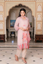 Vaasva Women Beige Tabby Slik Print & Embroidered Kurta, Pant & Dupatta set | Grocsy