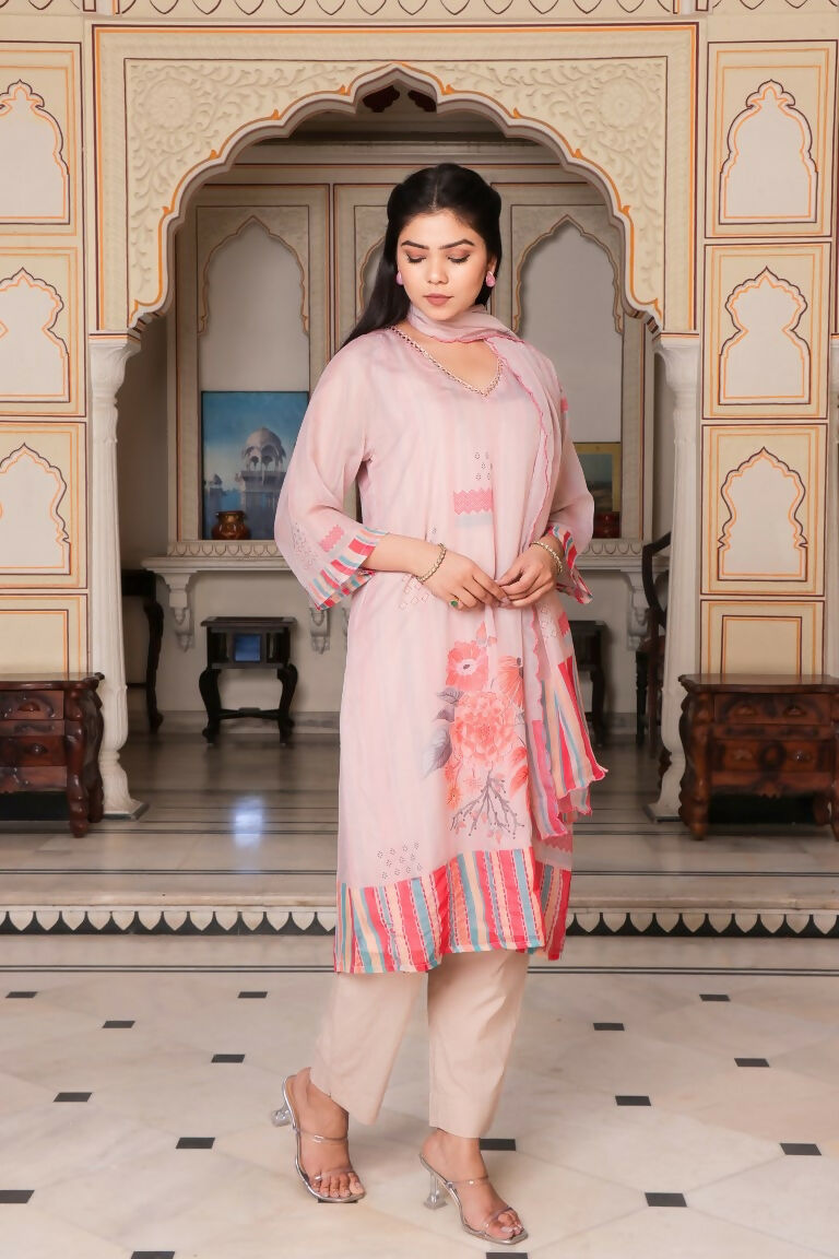 Vaasva Women Beige Tabby Slik Print & Embroidered Kurta, Pant & Dupatta set | Grocsy