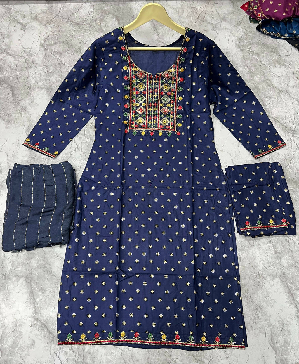 Jyoti Fashion Women's Blue 14KG Rayon Foil Print with Embroidery Kurta Set | Grocsy