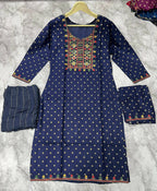 Jyoti Fashion Women's Blue 14KG Rayon Foil Print with Embroidery Kurta Set | Grocsy
