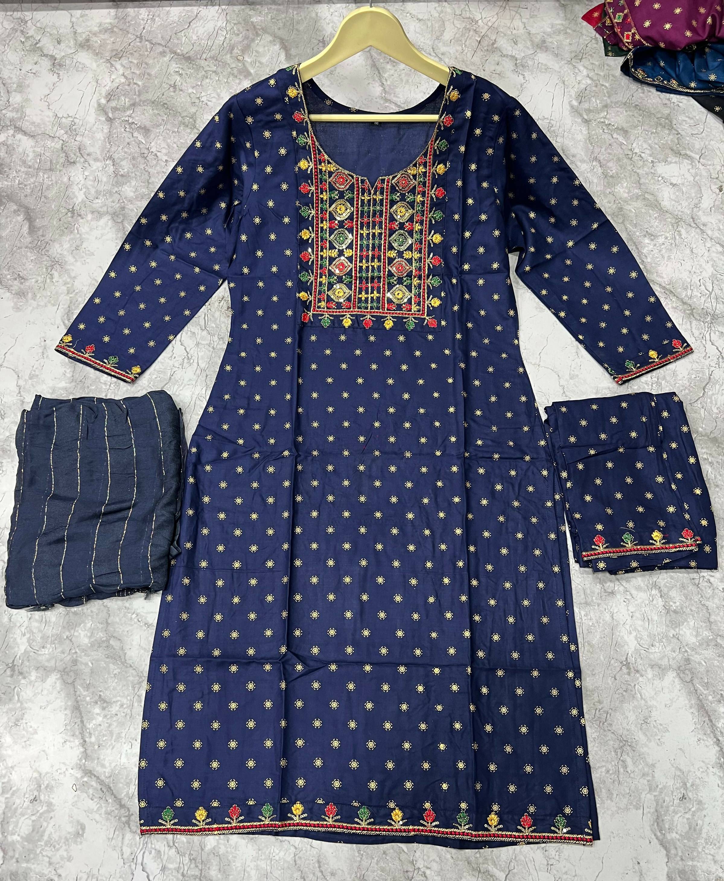 Jyoti Fashion Women's Blue 14KG Rayon Foil Print with Embroidery Kurta Set | Grocsy