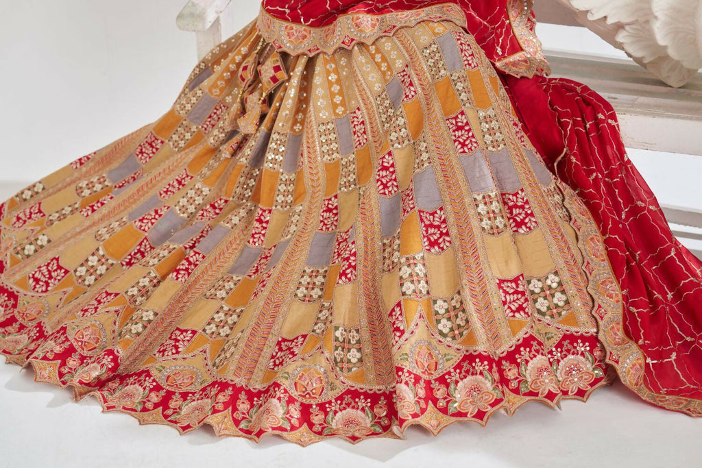Kesar Fab Mustard Silk Embroidered Lehenga | Grocsy