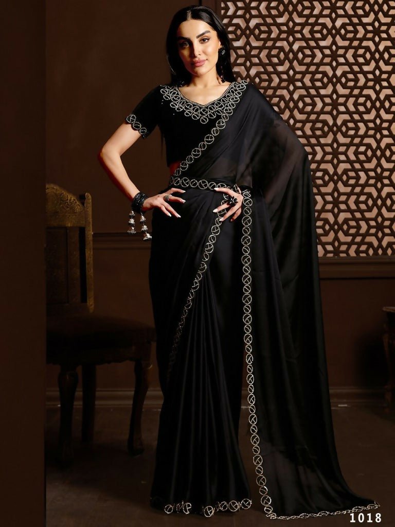 Aafreen Partywear Designer Black Satin Chiffon Fancy Saree | Grocsy