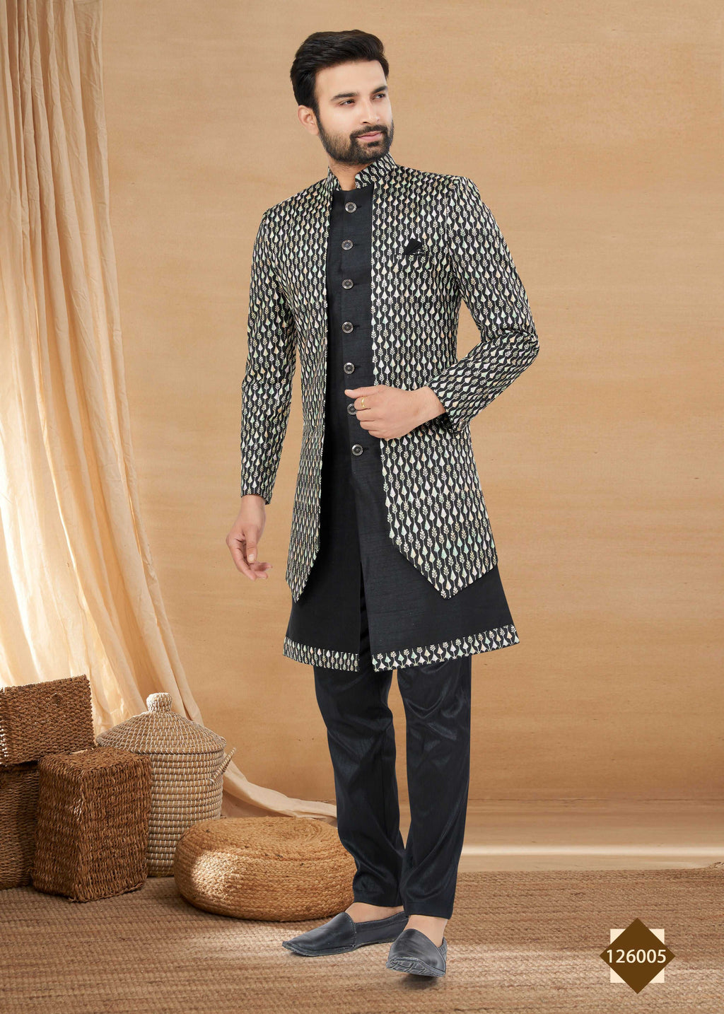 Joban Fashion Men's Black Heavy Art Silk Double Finish Plain Indowestern | Grocsy