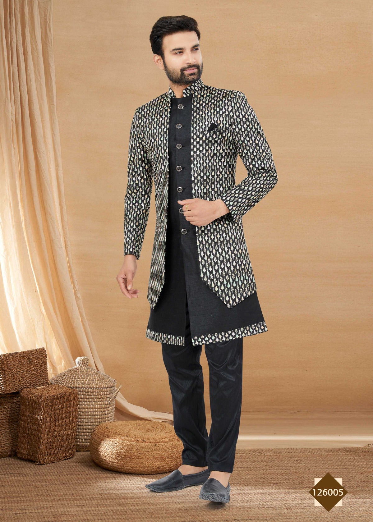 Joban Fashion Men's Black Heavy Art Silk Double Finish Plain Indowestern | Grocsy