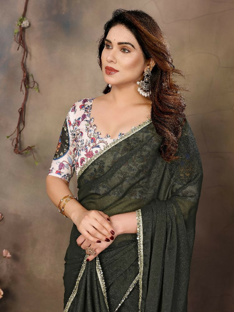 PR Fashion Mehen Star Georgette Solid Georgette With Mirror Border Saree | Grocsy