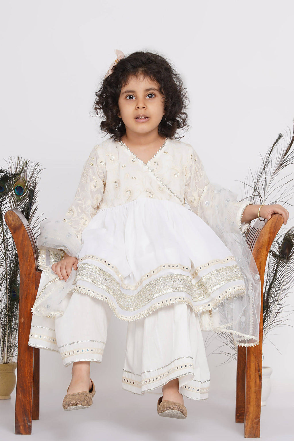 Little Bansi Girls Cotton Floral Embroidery & Lacework Kurta with Sharara & Dupatta - White | Grocsy