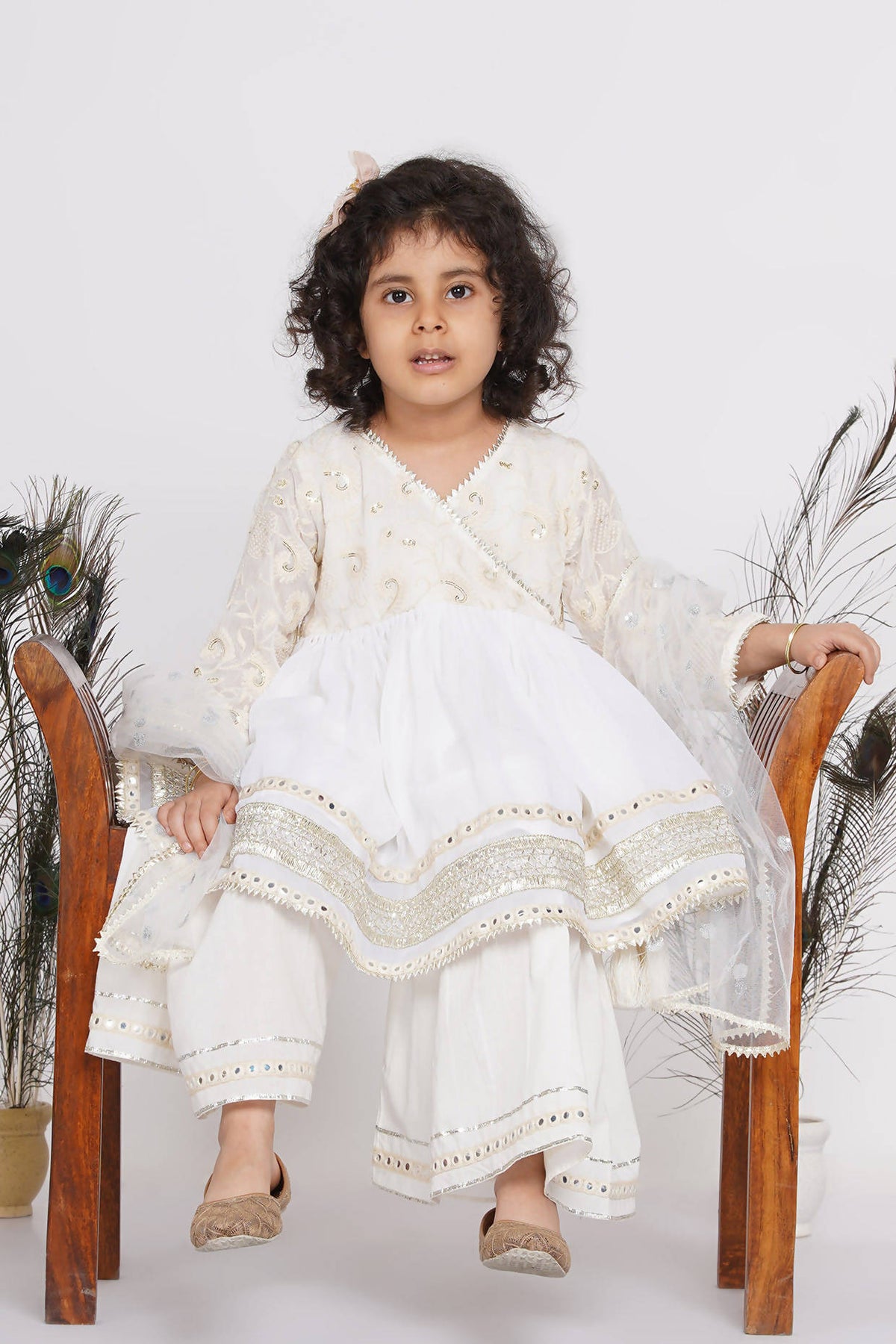 Little Bansi Girls Cotton Floral Embroidery & Lacework Kurta with Sharara & Dupatta - White | Grocsy