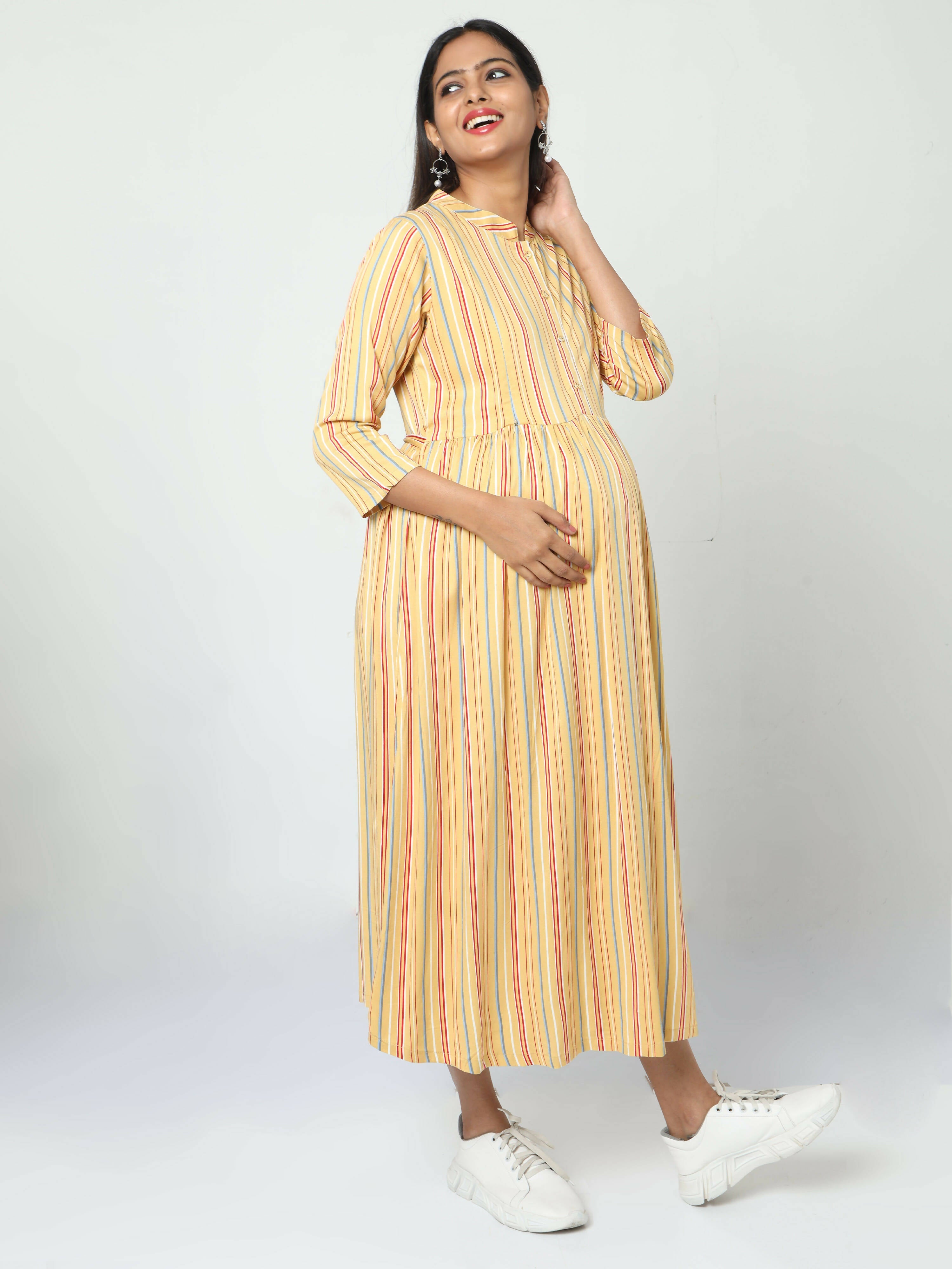 Manet Three Fourth Maternity Dress Striped With Concealed Zipper Nursing Access - Yellow | Grocsy