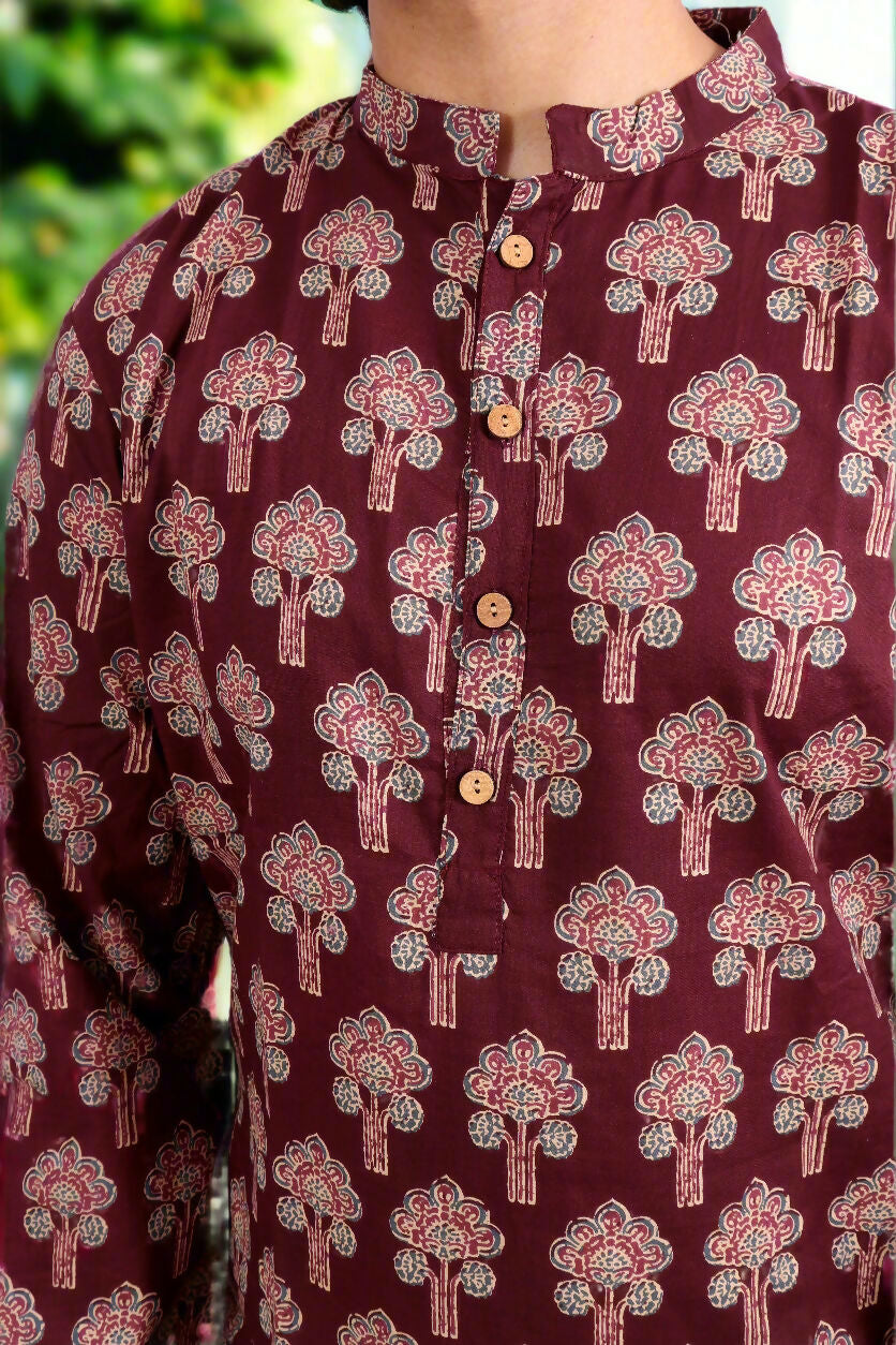 Souchii Men Burgundy Pure Cotton Ethnic Motif Printed Straight Kurta | Grocsy
