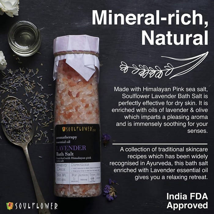 Soulflower Aromatherapy Essential Oil Lavender Bath Salt Enriched With Himalayan Pink Rock Salt | Grocsy