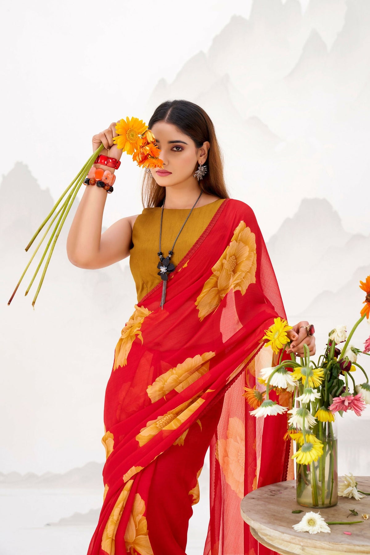 Vastranavya Red Floral Print with Lace Border work Chiffon Saree & Unstitched Blouse | Grocsy