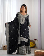 Teeya Creation Black Colour Chinnon Silk Heavy Embroidery Work Fully Stitched Salwar Suit | Grocsy