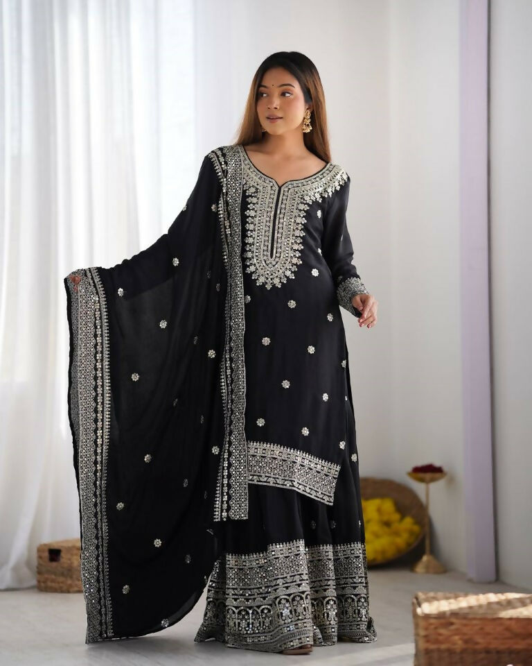Teeya Creation Black Colour Chinnon Silk Heavy Embroidery Work Fully Stitched Salwar Suit | Grocsy