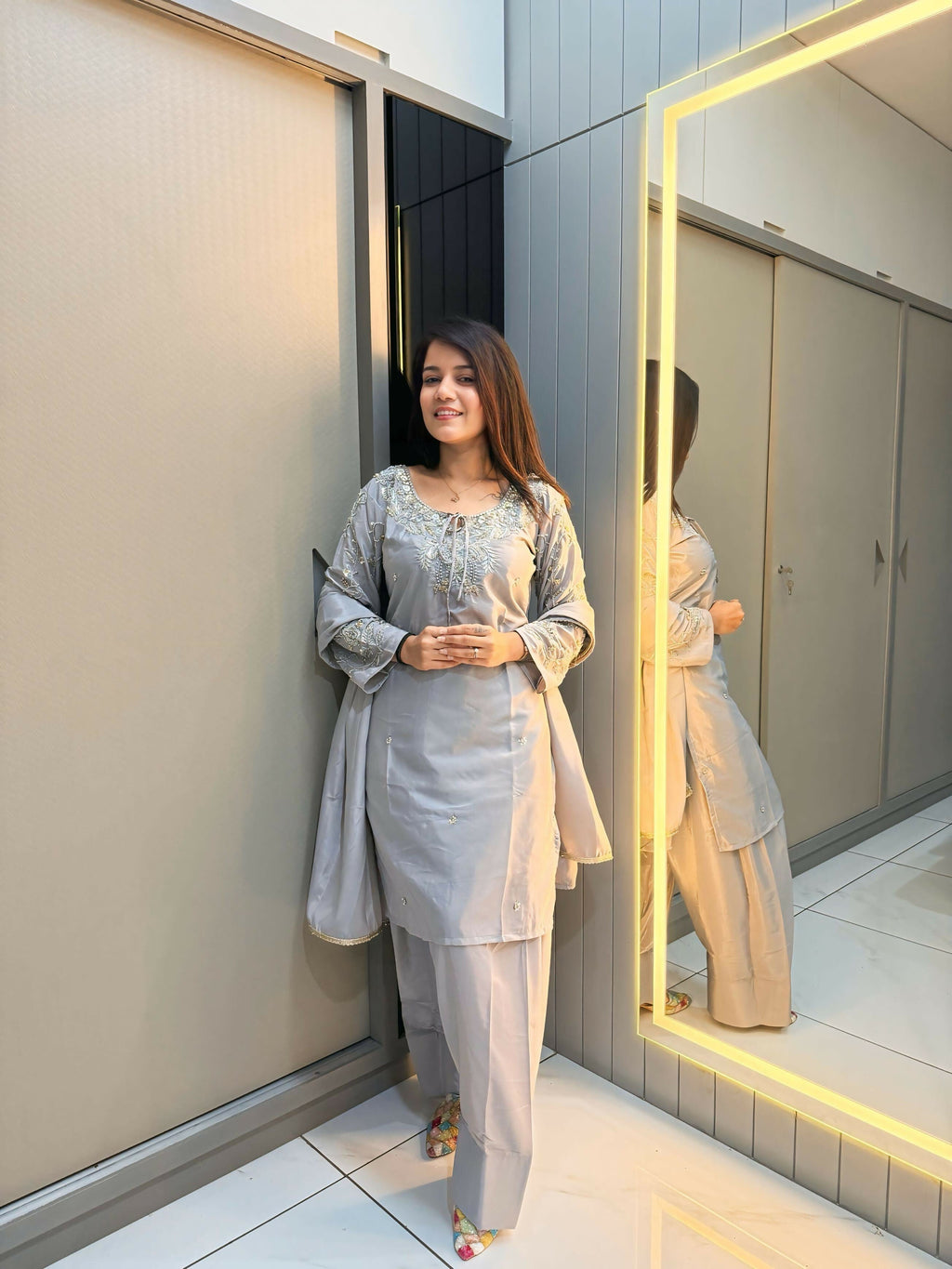 Anaita Grey Crape Readymade Kurti Set with Beads Sequence Work | Grocsy