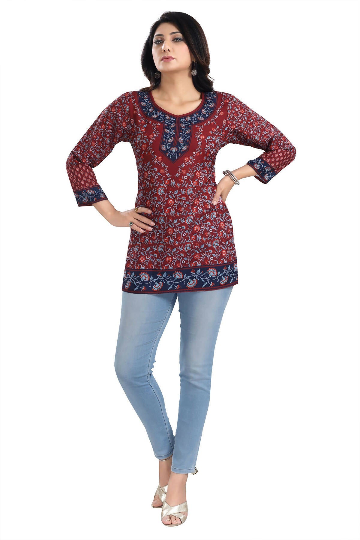Snehal Creations Magical Maroon Summer Cool Printed Short Kurti Tunic Top | Grocsy