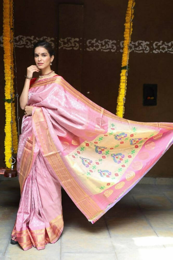 Very Much Indian Silk Handloom Maharani Paithani In Rich Pearl Pink With Silver Zari Brocade | Grocsy