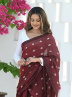 Beatitude Maroon Khadi Floral Embroidered Saree | Grocsy