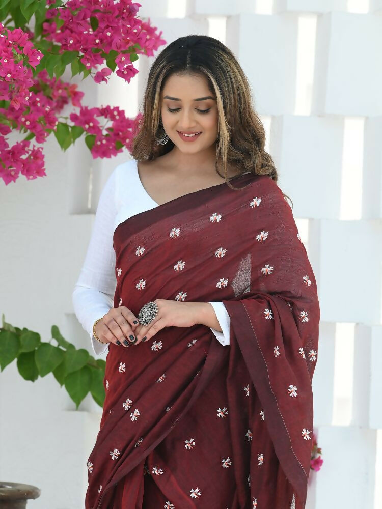 Beatitude Maroon Khadi Floral Embroidered Saree | Grocsy