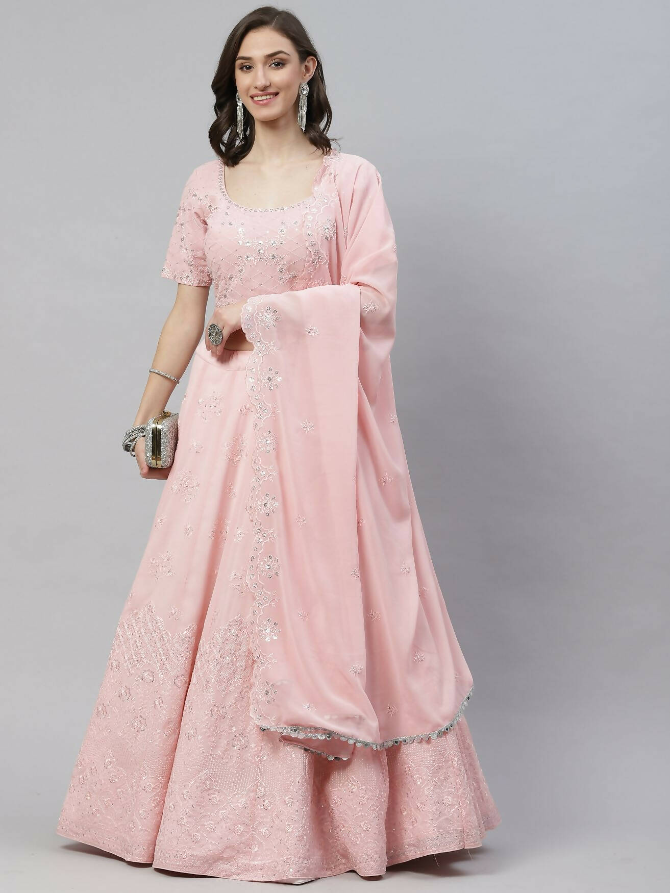 Pink Georgette Thread with Sequins Embroidered work Lehenga Choli with Dupatta - Jivika | Grocsy