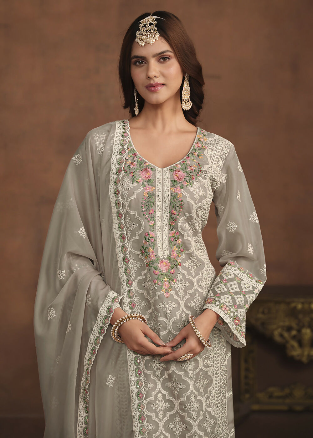 Slate Grey Soft Organza Embroidered Festive Salwar Suit - Emponline | Grocsy