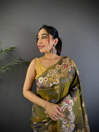 Elora Mahendi Green Soft Silk Floral Zari Weaving Meenakari Saree With Floral Border | Grocsy
