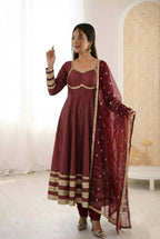 Teeya Creation Maroon Cosmos Gold Lace Work Party Wear Gown | Grocsy