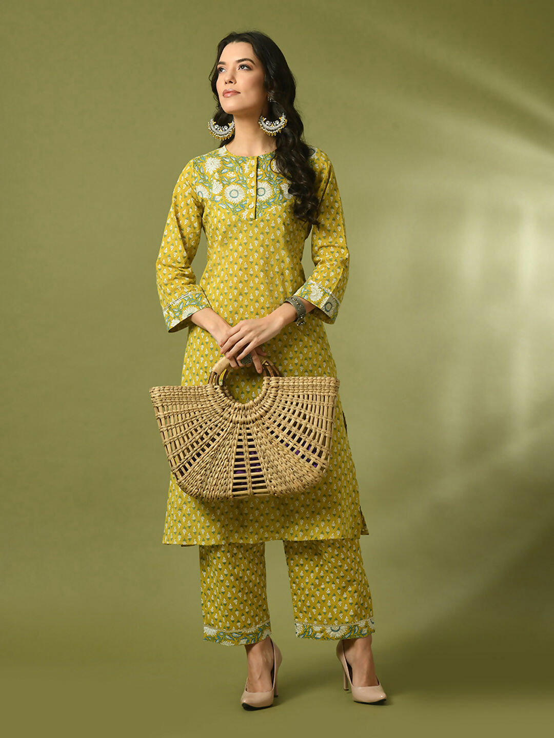 Myshka Women's Yellow Printed Cotton Straight Party Kurta Set | Grocsy