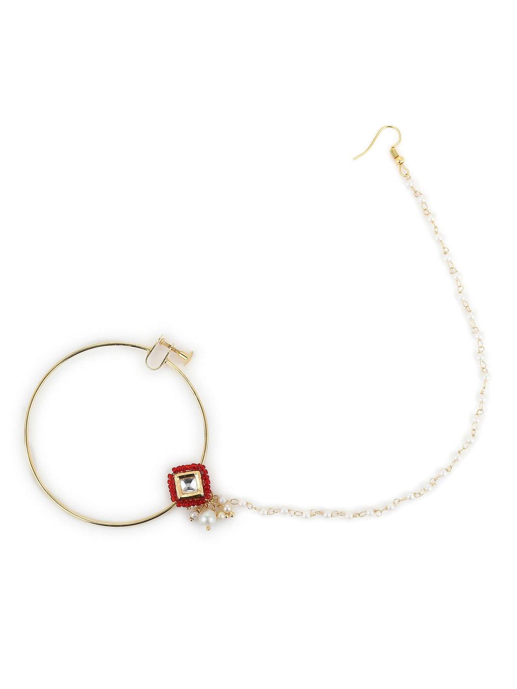 White Red Gold-Polished Kundan-Studded Beaded Nosepin - Ruby Raang | Grocsy