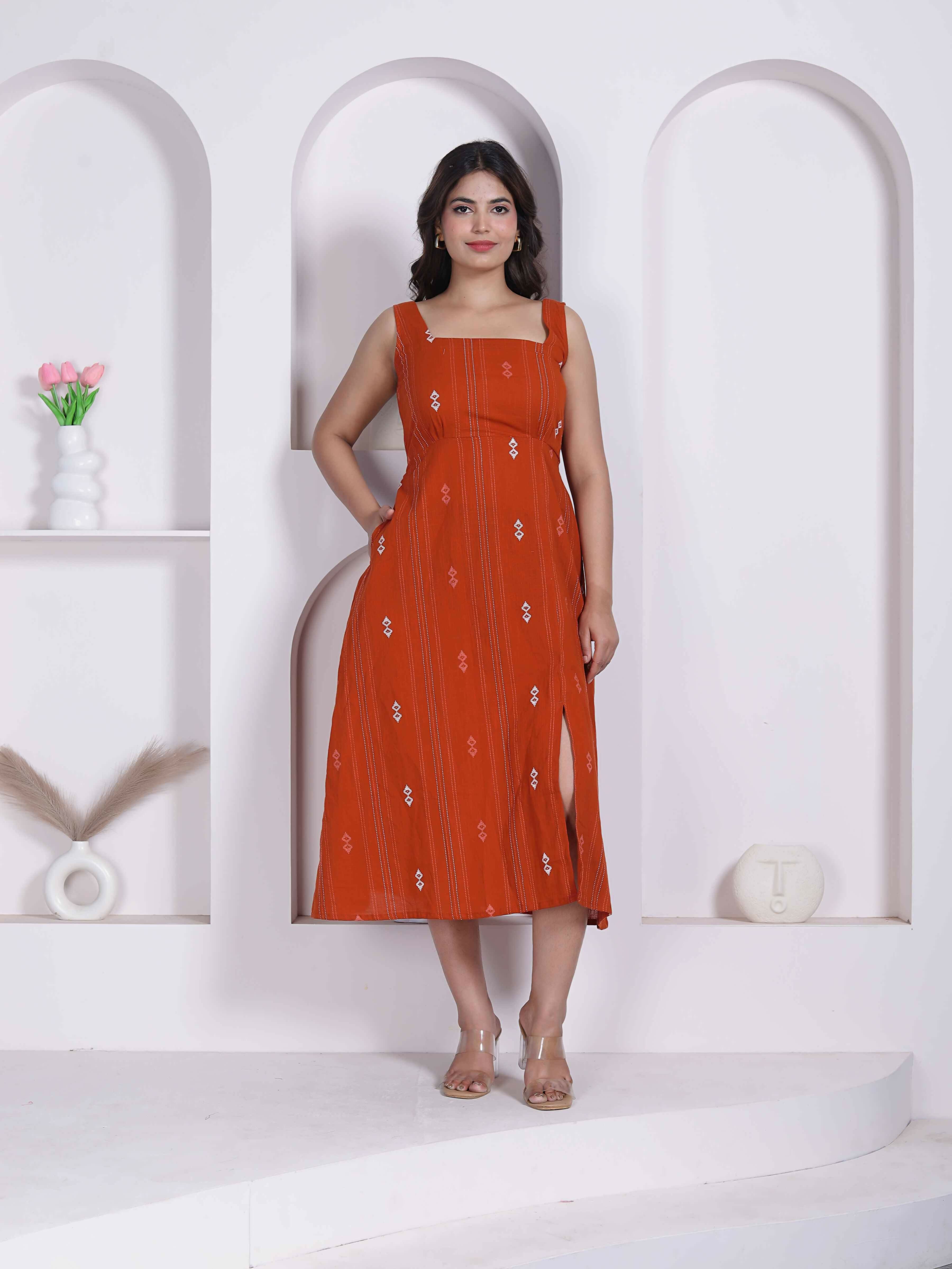 Miravan Womens Abstract Printed Rust ALine Maxi Dress | Grocsy