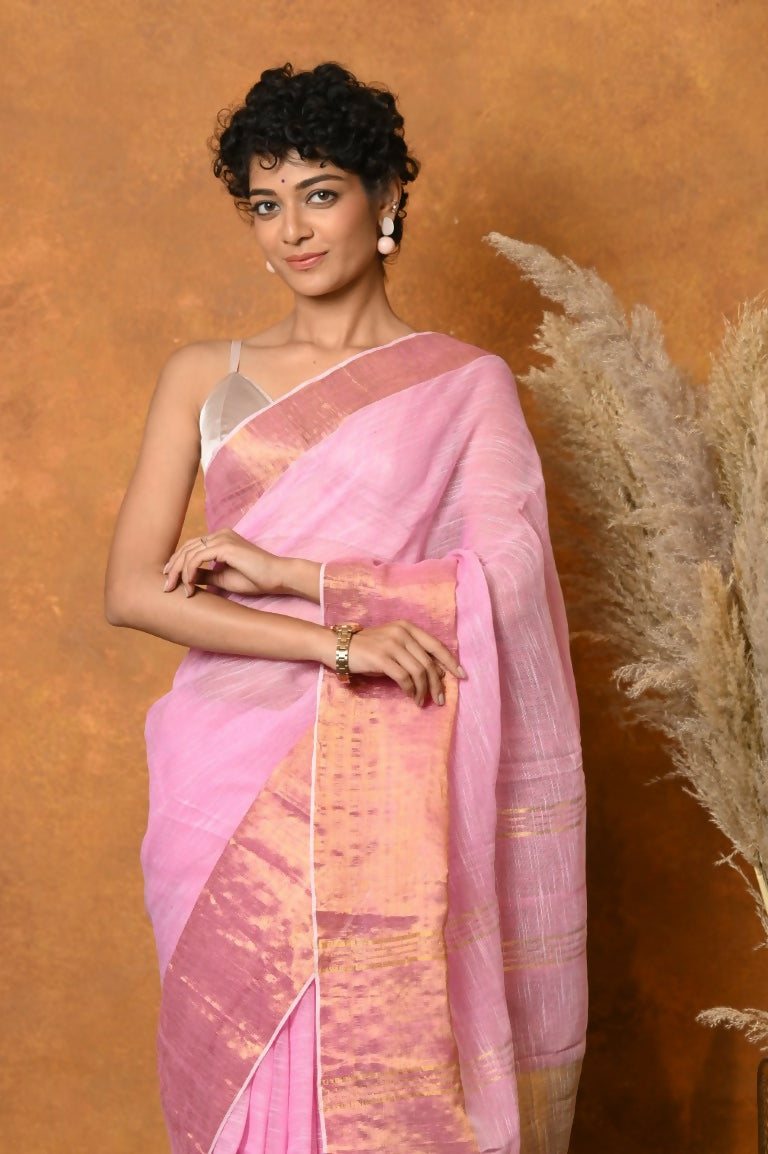 Very Much Indian Handloom Pure Cotton Linen Saree With Golden Border - Pink | Grocsy