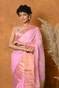 Very Much Indian Handloom Pure Cotton Linen Saree With Golden Border - Pink | Grocsy