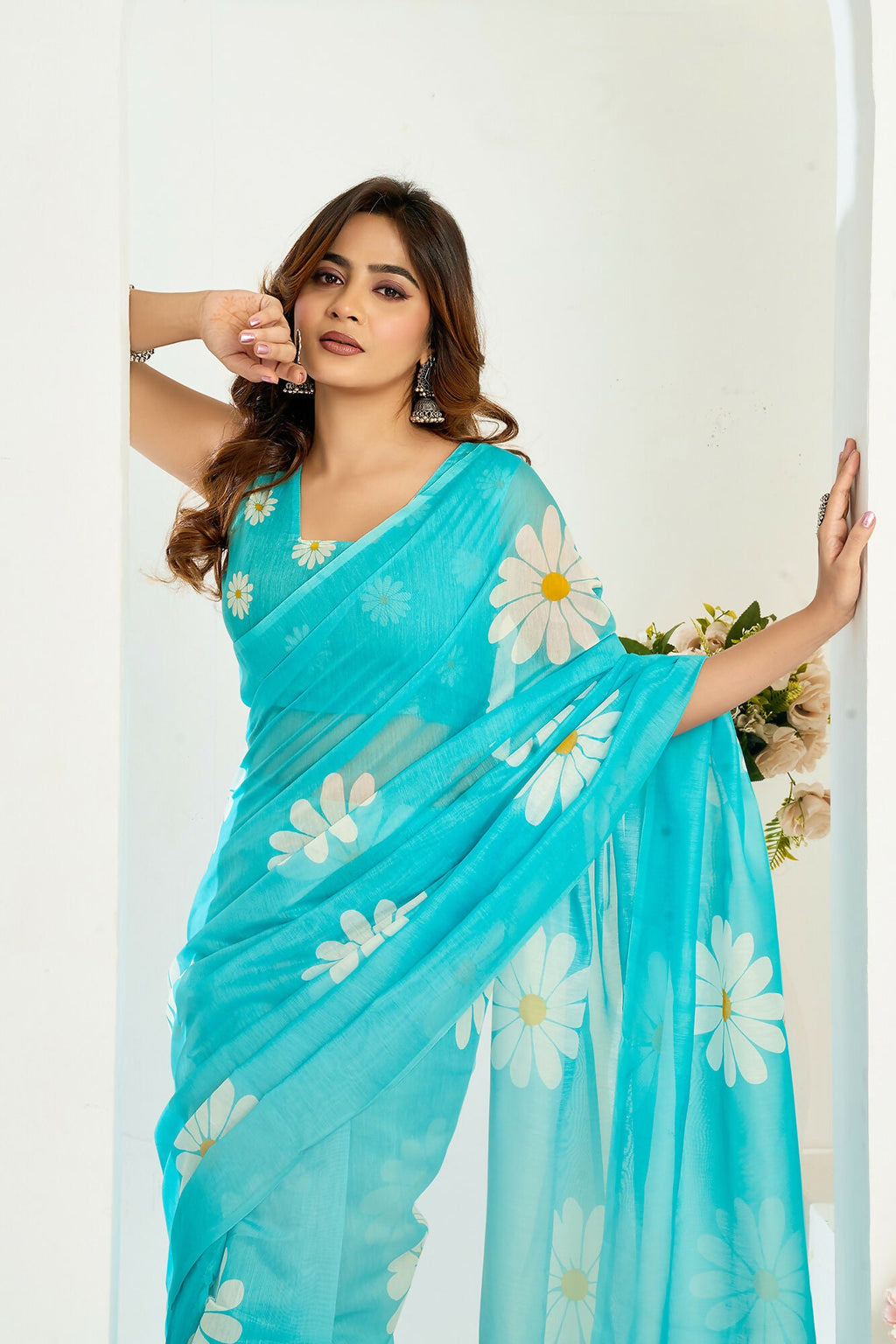 Vastranavya Sky Blue Digital Printed Linen Ready To Wear Designer Saree with Unstitched Blouse | Grocsy