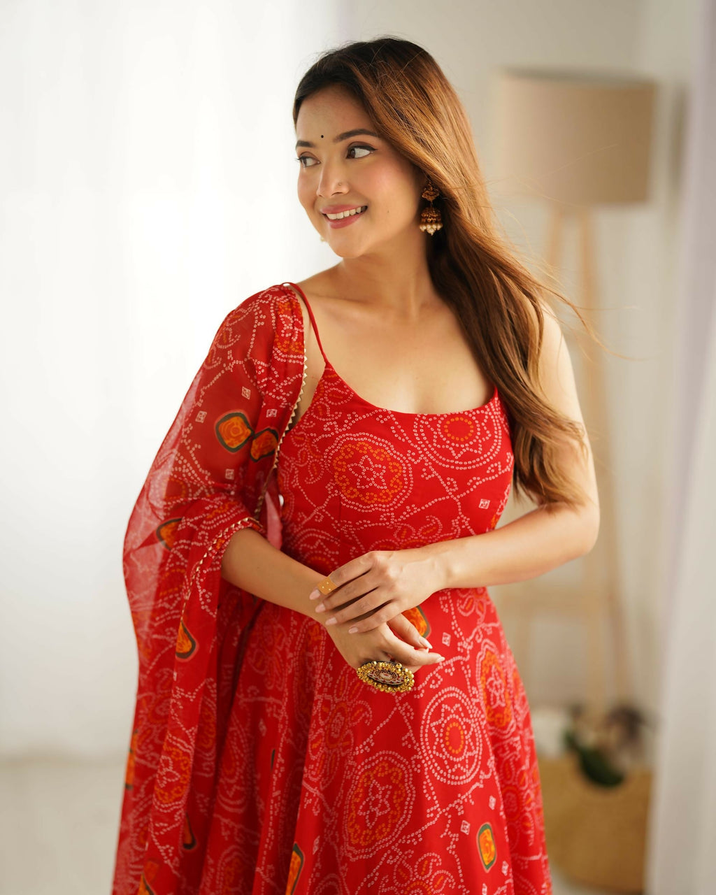 The52 Women's Beautiful Printed Chiffon Bandhej Fabric Flared Anarkali Pant and Dupatta Set | Grocsy