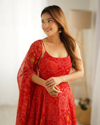 The52 Women's Beautiful Printed Chiffon Bandhej Fabric Flared Anarkali Pant and Dupatta Set | Grocsy