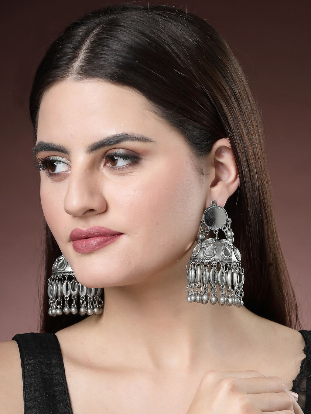 NVR Women's Silver Plated Mirror Work Oxidised Contemporary Jhumka Earrings | Grocsy