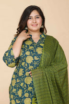 Miravan Women's Plus Size Green Floral Printed Cotton Kurta With Sharara & Dupatta Set | Grocsy