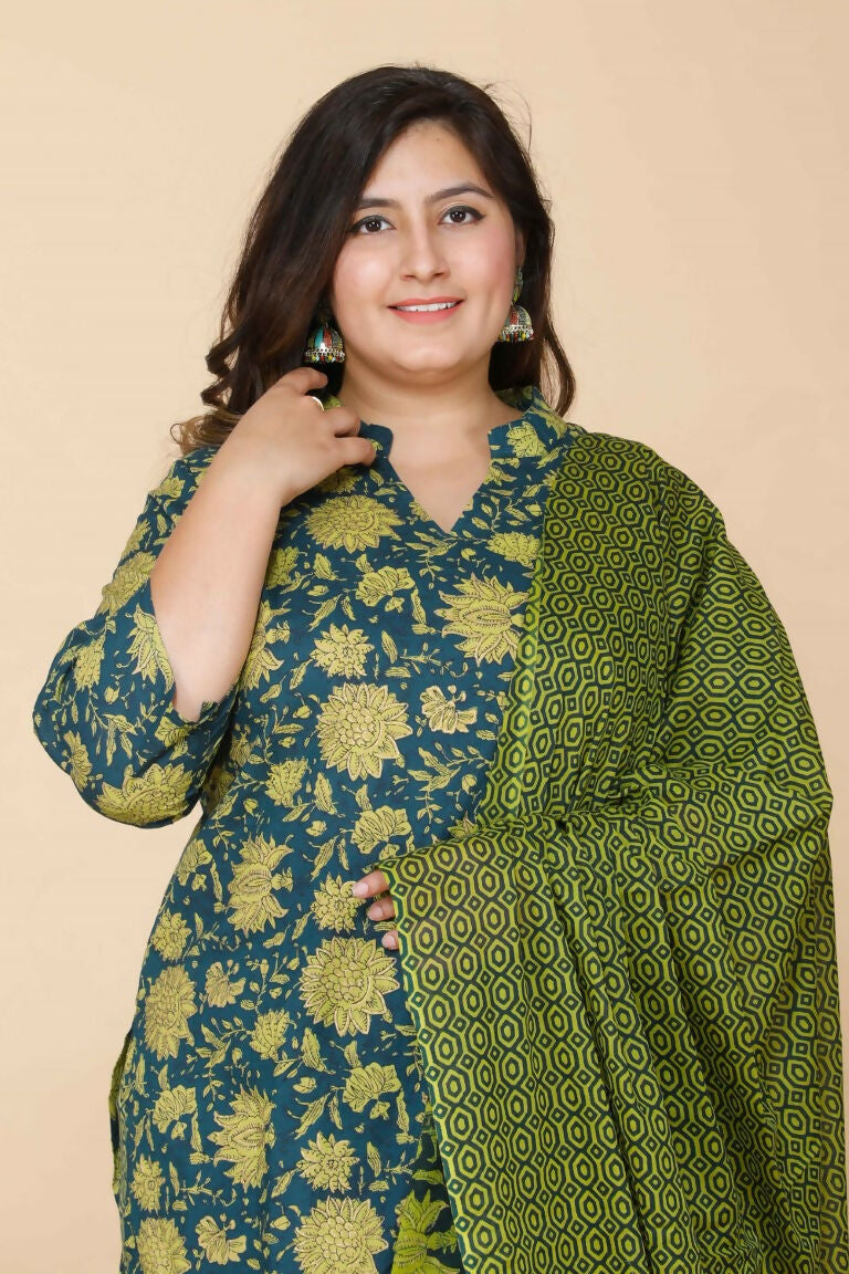 Miravan Women's Plus Size Green Floral Printed Cotton Kurta With Sharara & Dupatta Set | Grocsy