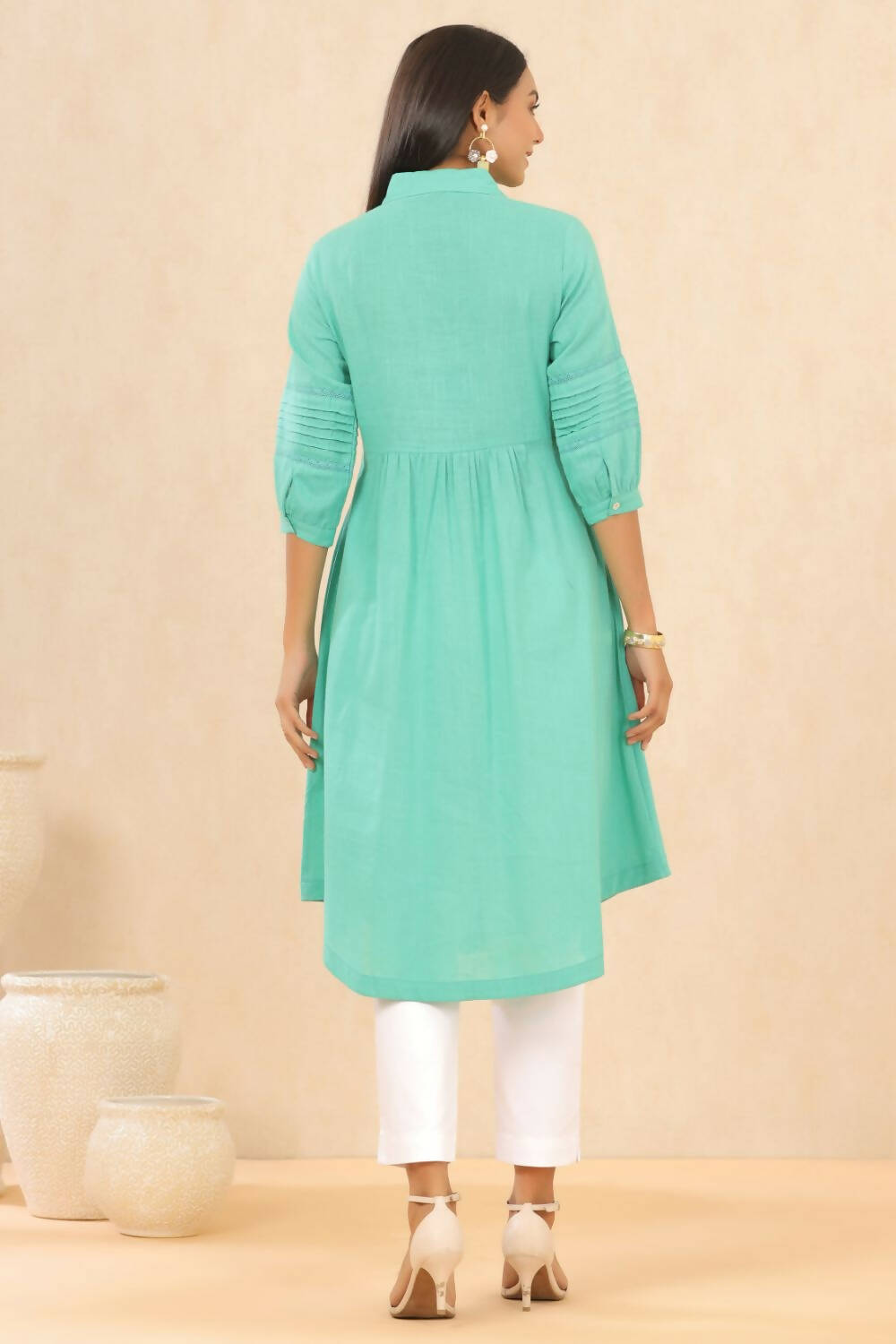 Juniper Womens Blush Turquoise Cotton Slub Solid Mid Length Shirt Dress With Lace Detailing | Grocsy
