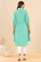 Juniper Womens Blush Turquoise Cotton Slub Solid Mid Length Shirt Dress With Lace Detailing | Grocsy