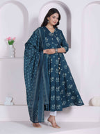 Miravan Womens Blue Floral Printed Angrakha Kurta With Dupatta | Grocsy