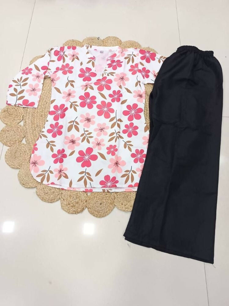 Teeya Creation Women White & Rani Pink Bold Floral Printed Cotton Kurti with Black Wide-Leg Palazzo Set | Grocsy